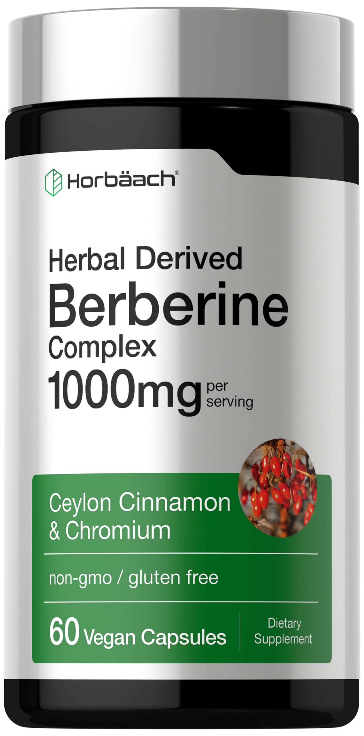 Horbäach Berberine Complex Supplement Capsules, 60 Vegan Capsules, with Ceylon Cinnamon & Chromium, Non-GMO, Gluten Free
