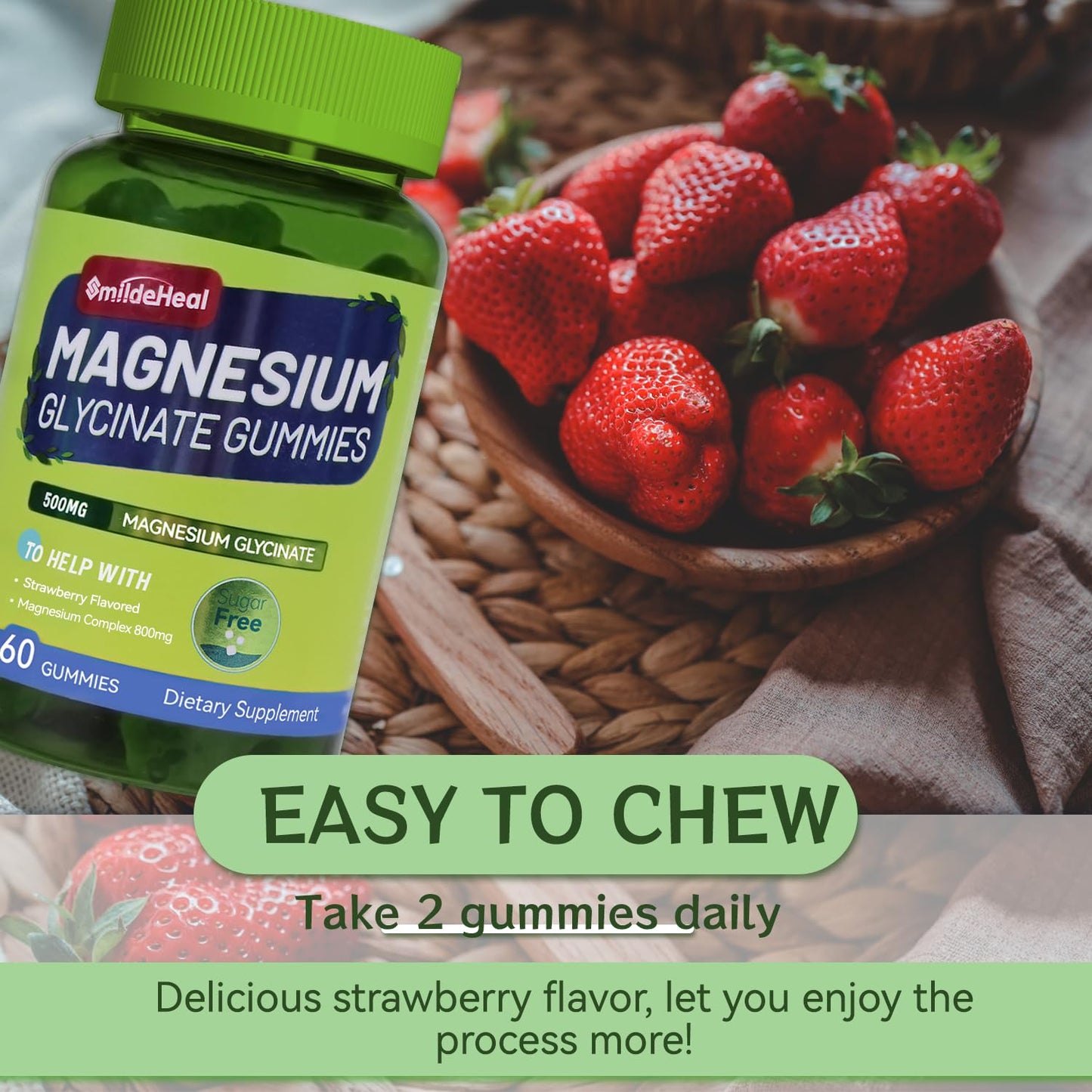 SmildeHeal Magnesium Glycinate Gummies 500mg with L-Threonate 300mg - Sugar-Free Magnesium Potassium Supplement with Vitamin D, B6, CoQ10 - Strawberry Flavored, 60 Gummies