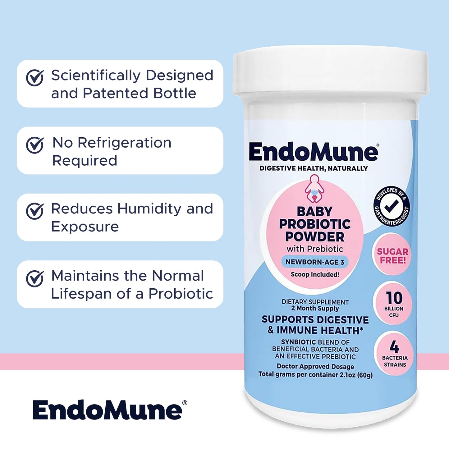 Endomune Jr Advanced Probiotic Powder for Newborns, Infants, Toddlers & Baby - 10 Billion CFUs - 4 Strains Bacteria & FOS Prebiotic - Physician Formulated - 60 Day Supply - 2.1 Ounce