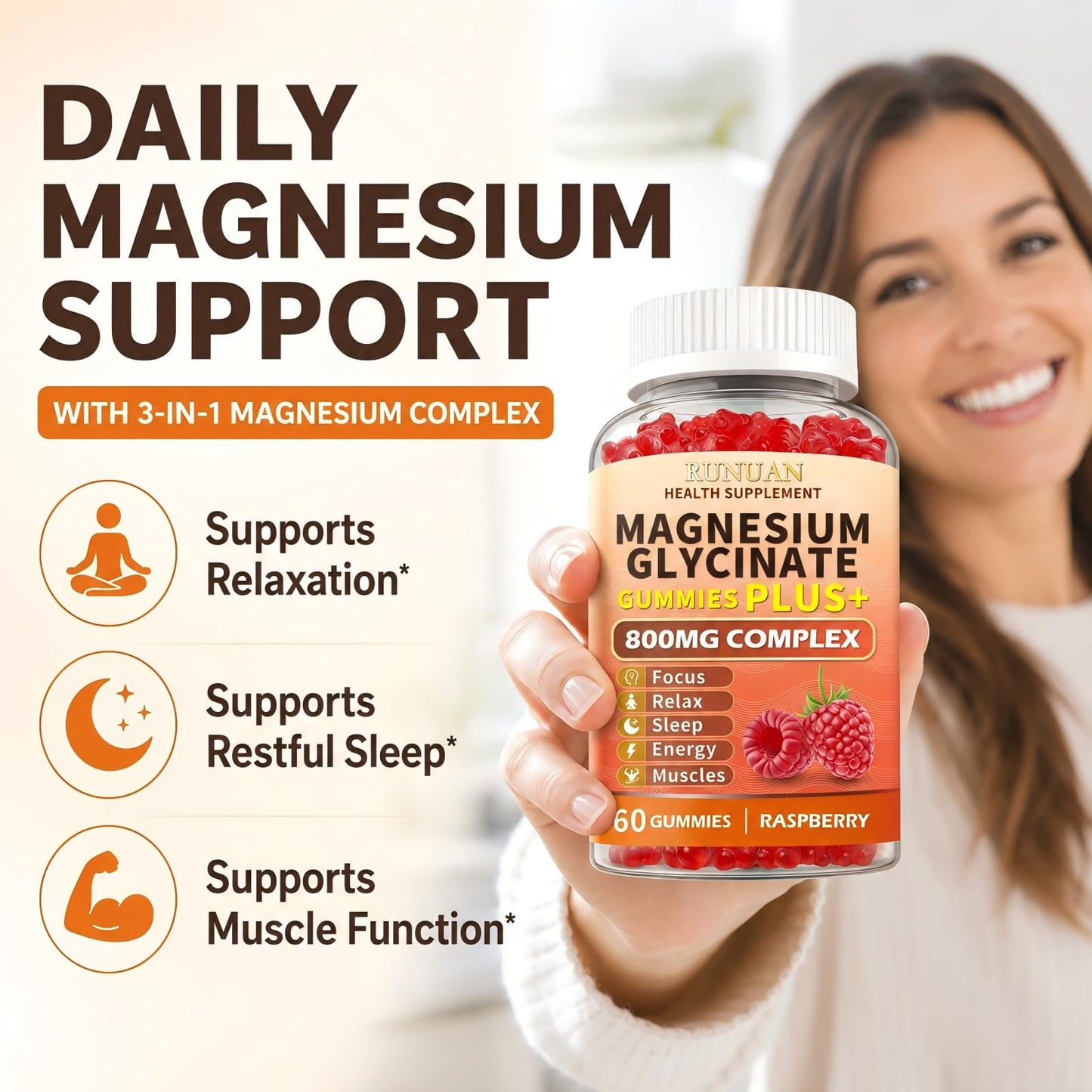 RUNUAN 800mg Magnesium Complex Gummies with Magnesium Malate Taurate L-Theanine D3, 60 Gummies