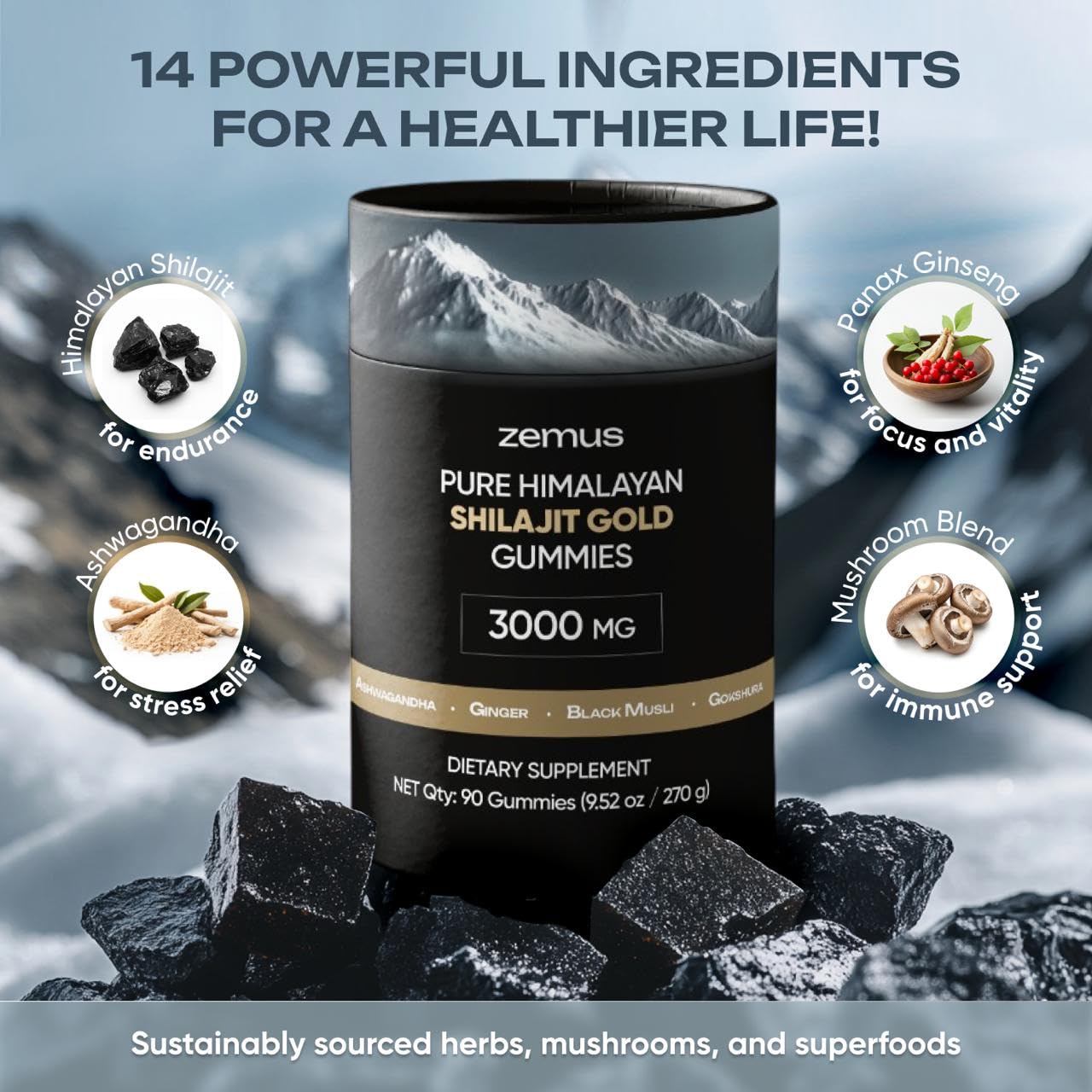 ZEMUS Himalayan Pure Shilajit Gummies with Ashwagandha & 5 Mushroom Complex, Lab Tested, Fulvic Acid & 85+ Trace Minerals, 90 Count