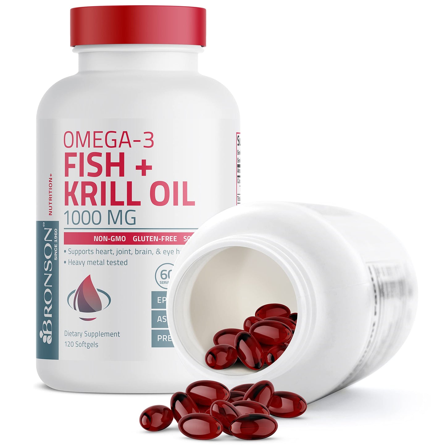 Bronson Omega-3 Fish + Krill Oil 1000 mg EPA DHA Astaxanthin Premium Blend Softgels, 120