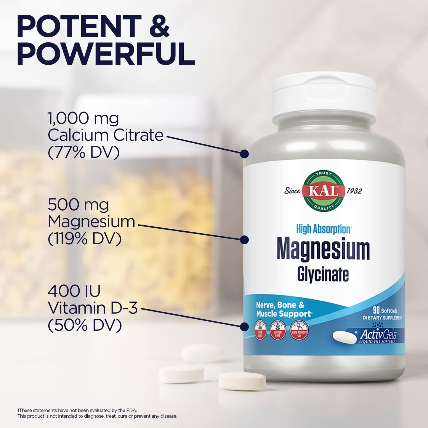 KAL Cal-Citrate+ Calcium Citrate Plus Vitamin D-3 and 500 mg Magnesium, 120 Tablets