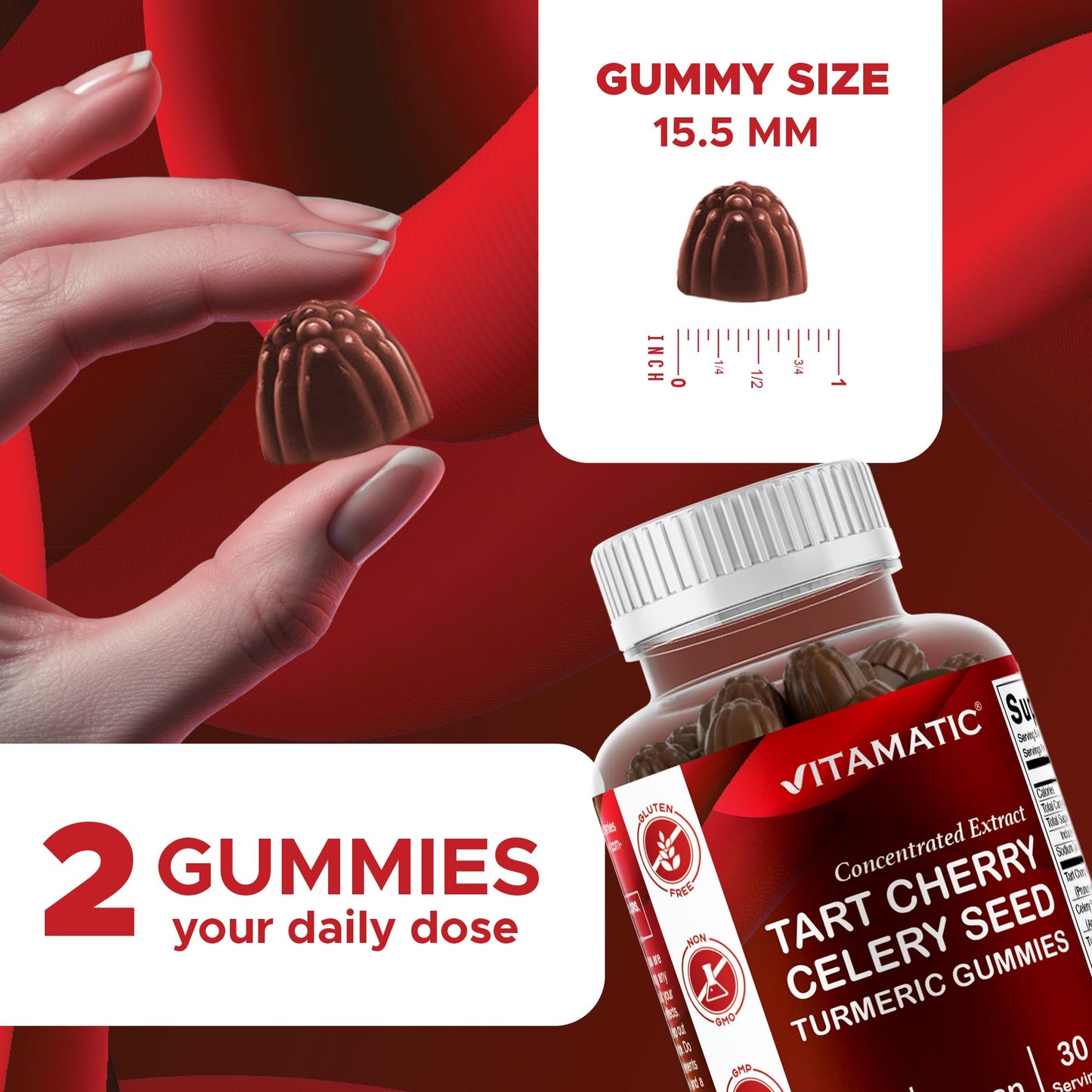 Vitamatic Tart Cherry 360 mg & Celery Seed 30 mg Extract Gummies, 60 Count