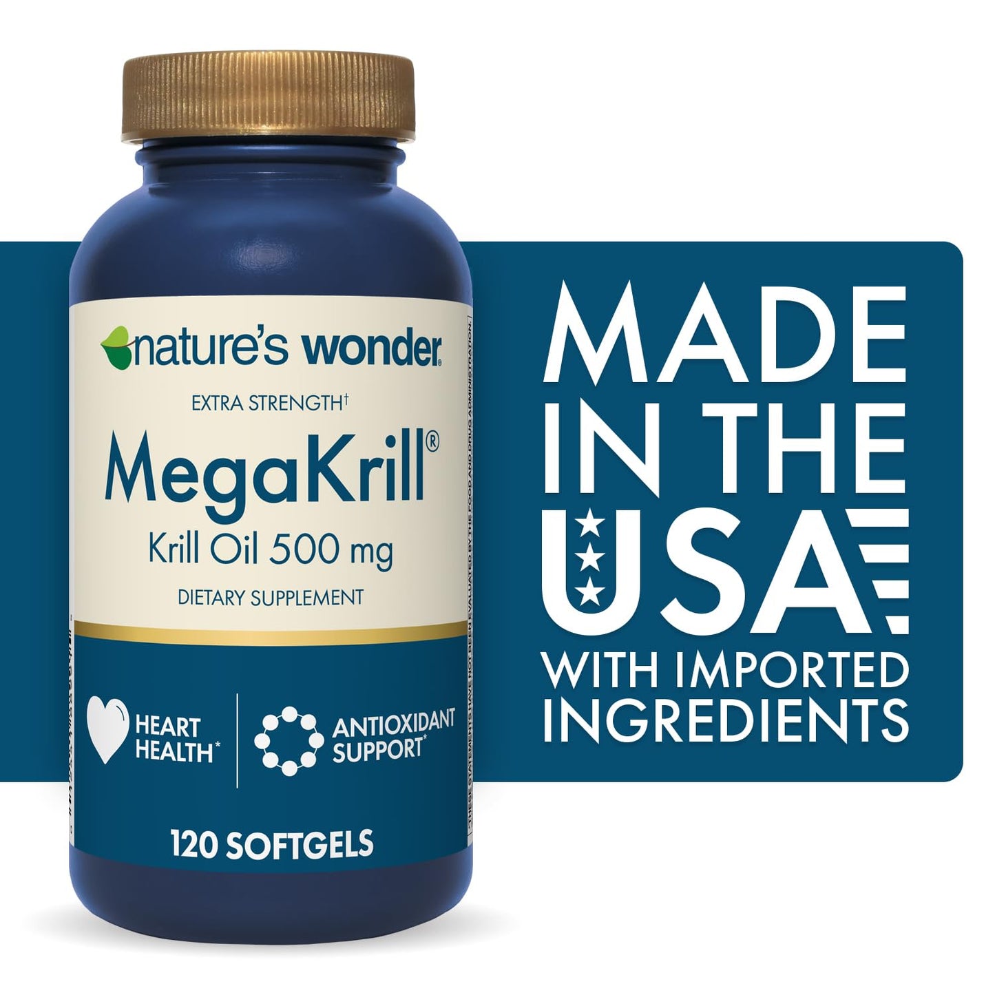 Nature's Wonder Extra Strength Mega Krill Oil 500mg EPA & DHA Softgel, 120 Count