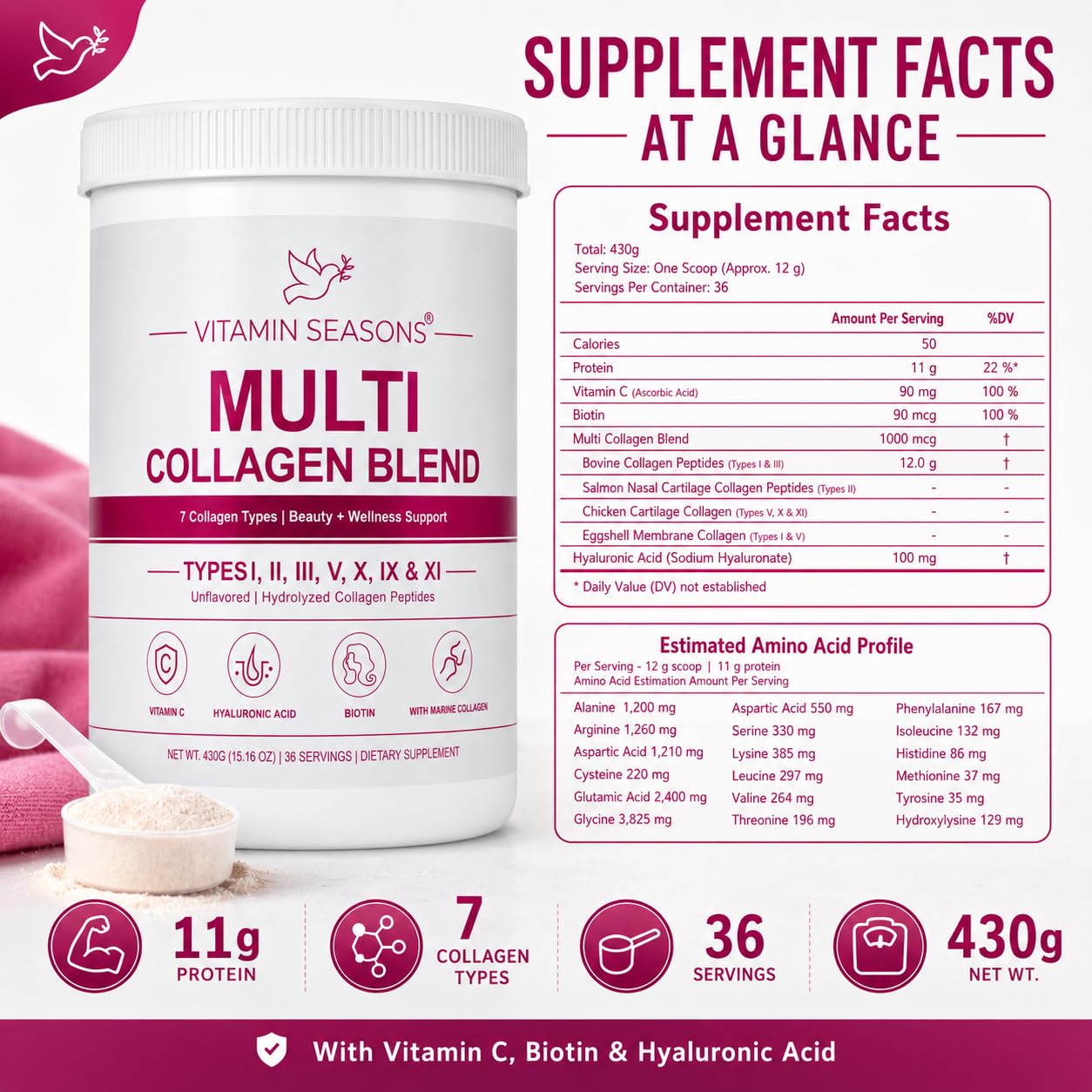 VITAMIN SEASONS Multi Collagen Peptides 7 Types Unflavored Powder 15.16 Ounce
