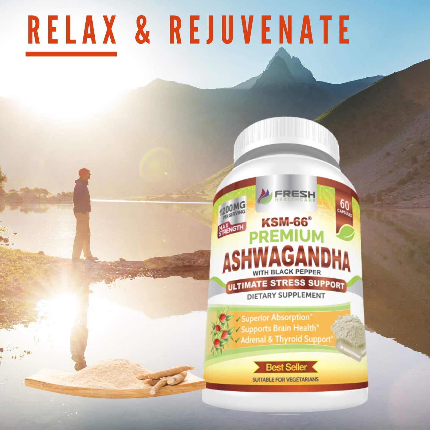 FRESH HEALTHCARE Ashwagandha KSM-66 1200mg Capsule with Black Pepper, 60 Capsules