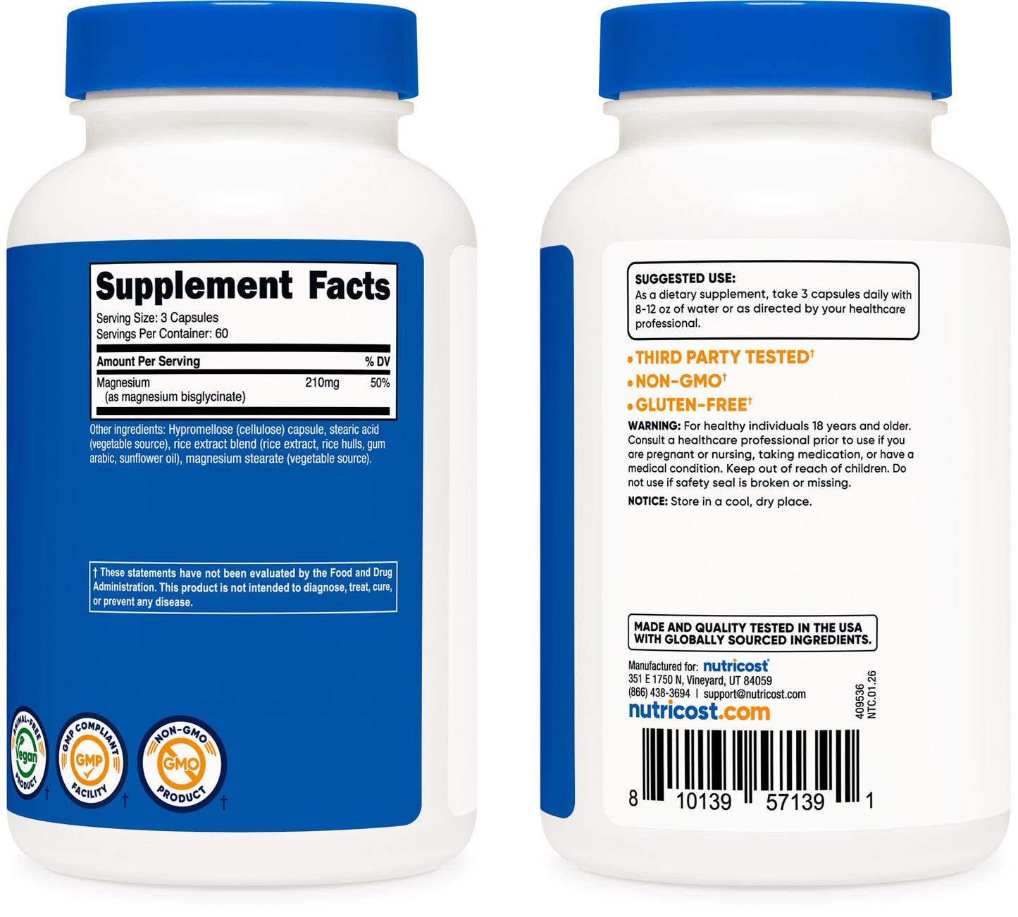 Nutricost Magnesium Glycinate Capsule, 180 Count