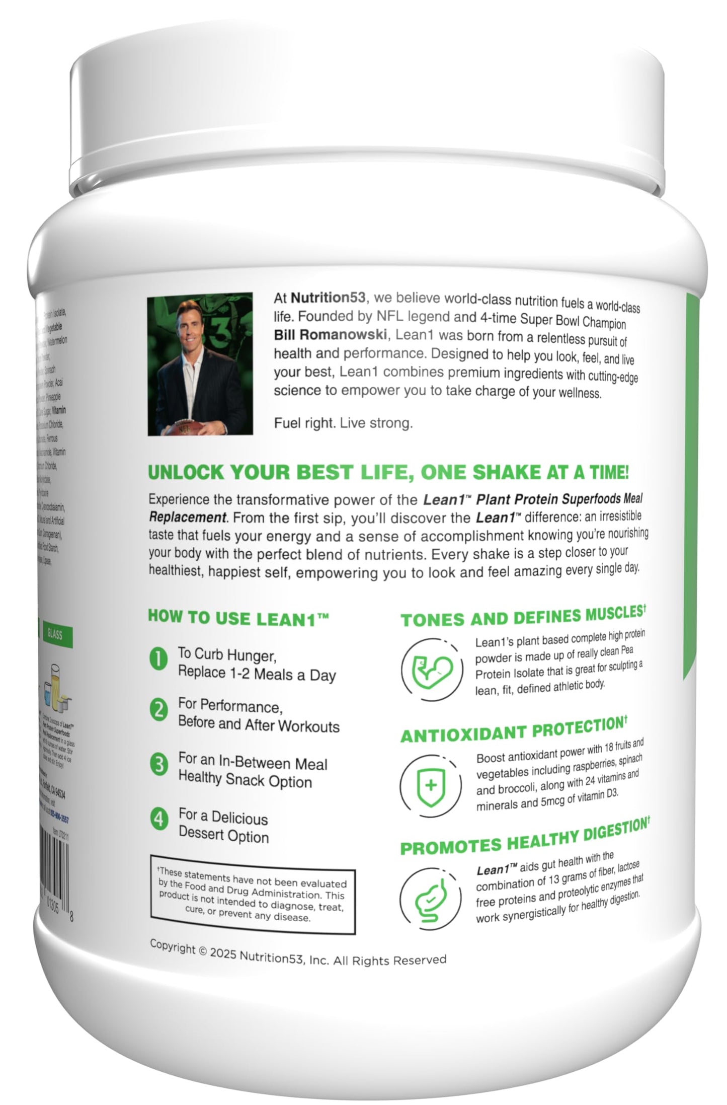 LEAN1 Plant-Based Protein Powder Banana Flavor Meal Replacement 27 Servings