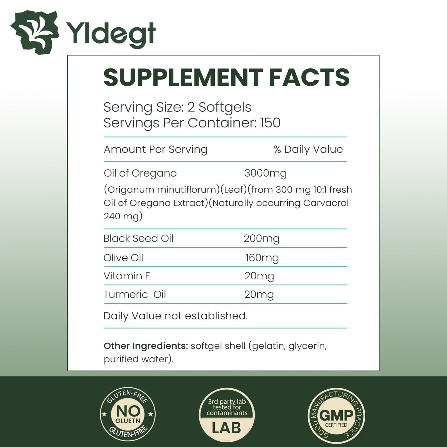 Yldegt Organic Oil of Oregano Softgels with Black Seed Oil 300 Capsules