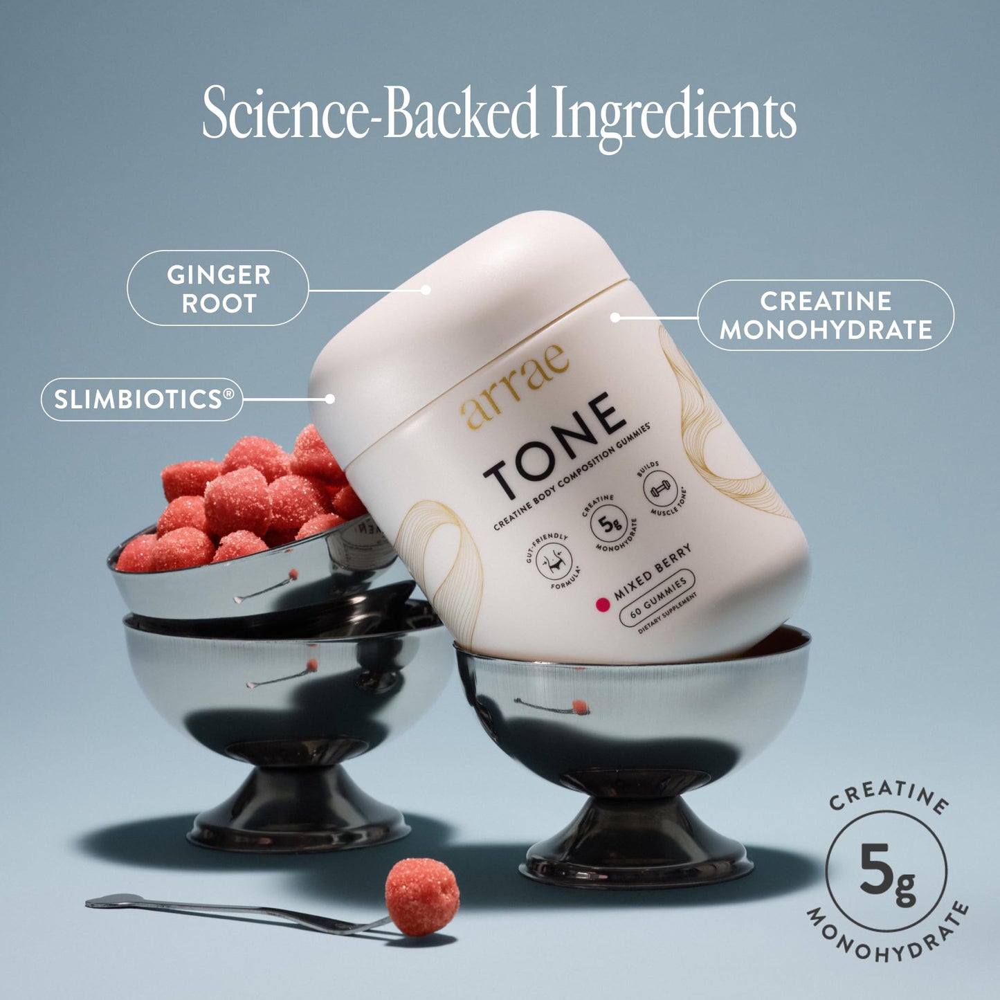 Arrae Tone Gummies Creatine Monohydrate for Women – Support Lean Muscle, Strength & Recovery – Mixed Berry Flavor, 60 Gummies