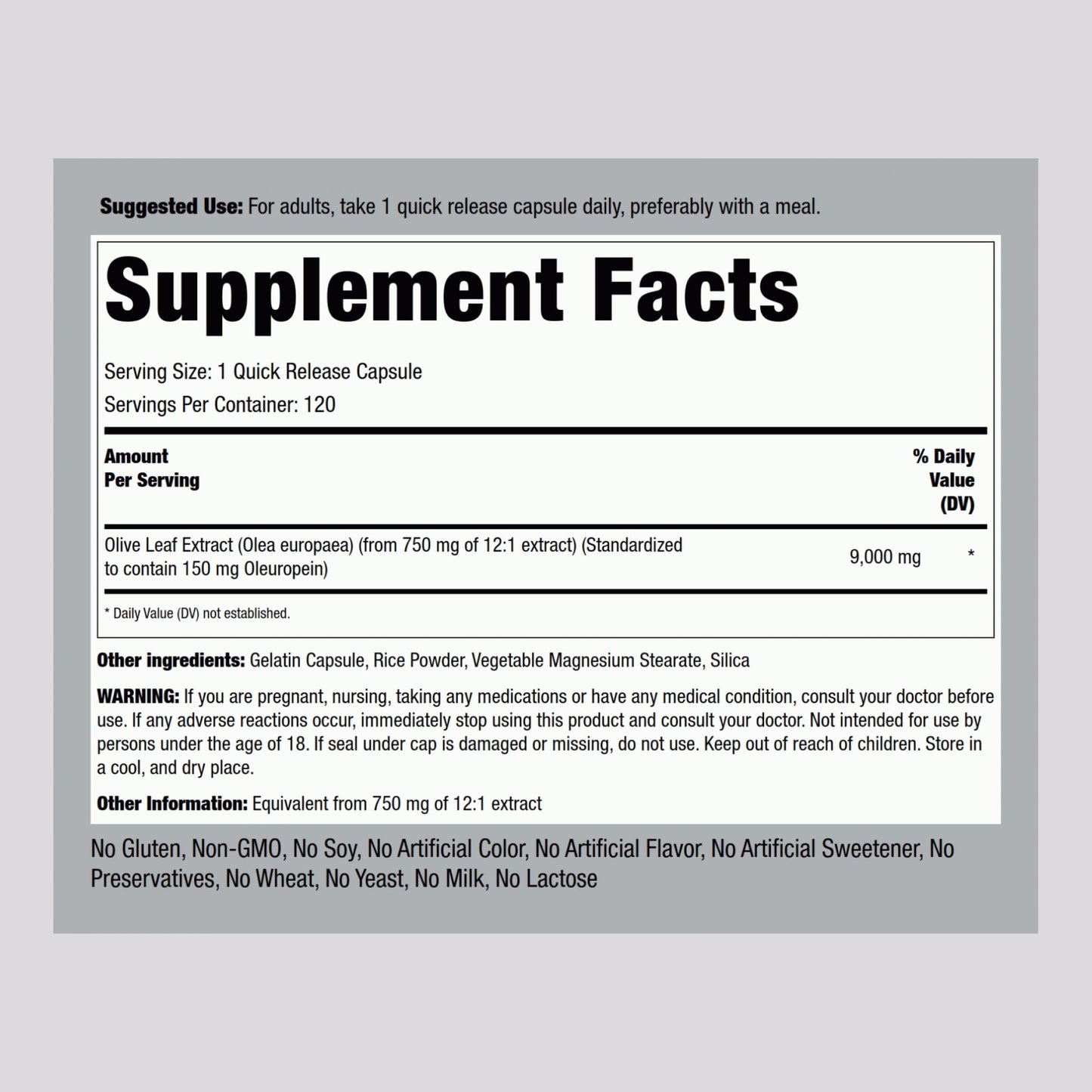 Piping Rock Olive Leaf Extract Capsules 120 Count