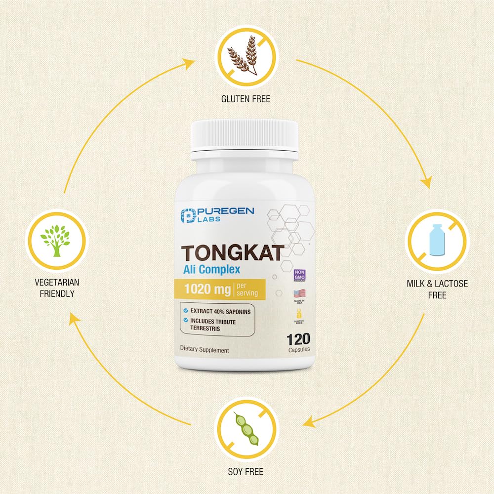 Puregen Labs Tongkat Ali Extract 200 to 1 for Men, 1020mg per Serving, High Potency with 20mg Tribulus Terrestris, 120-Count Capsules