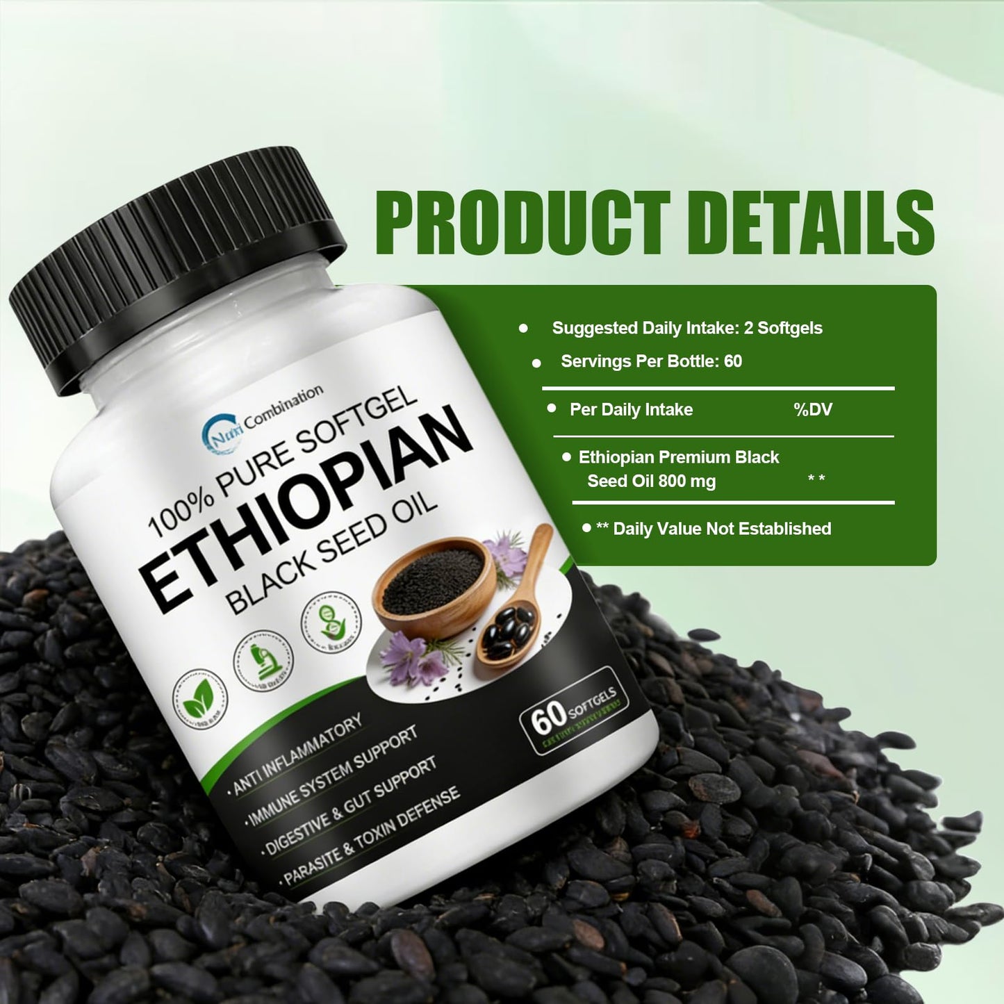 nsseelo Ethiopian Black Seed Oil Capsules with 4.64% Thymoquinone, Immune Support & Digestion & Energy Booster, Gluten-Free, Non-GMO, 60 Capsules