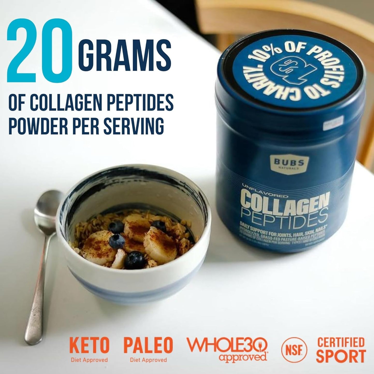 BUBS Naturals Unflavored Collagen Peptides Powder, 10 oz
