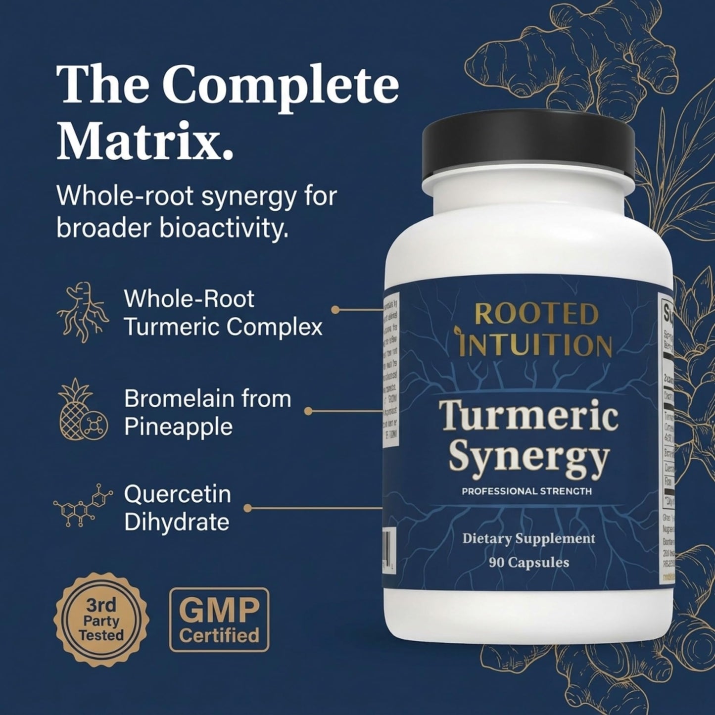 Rooted Intuition Turmeric Curcumin Matrix with Quercetin, Bromelain & Rutin, Inflammation & Joint Support, 90 Capsules