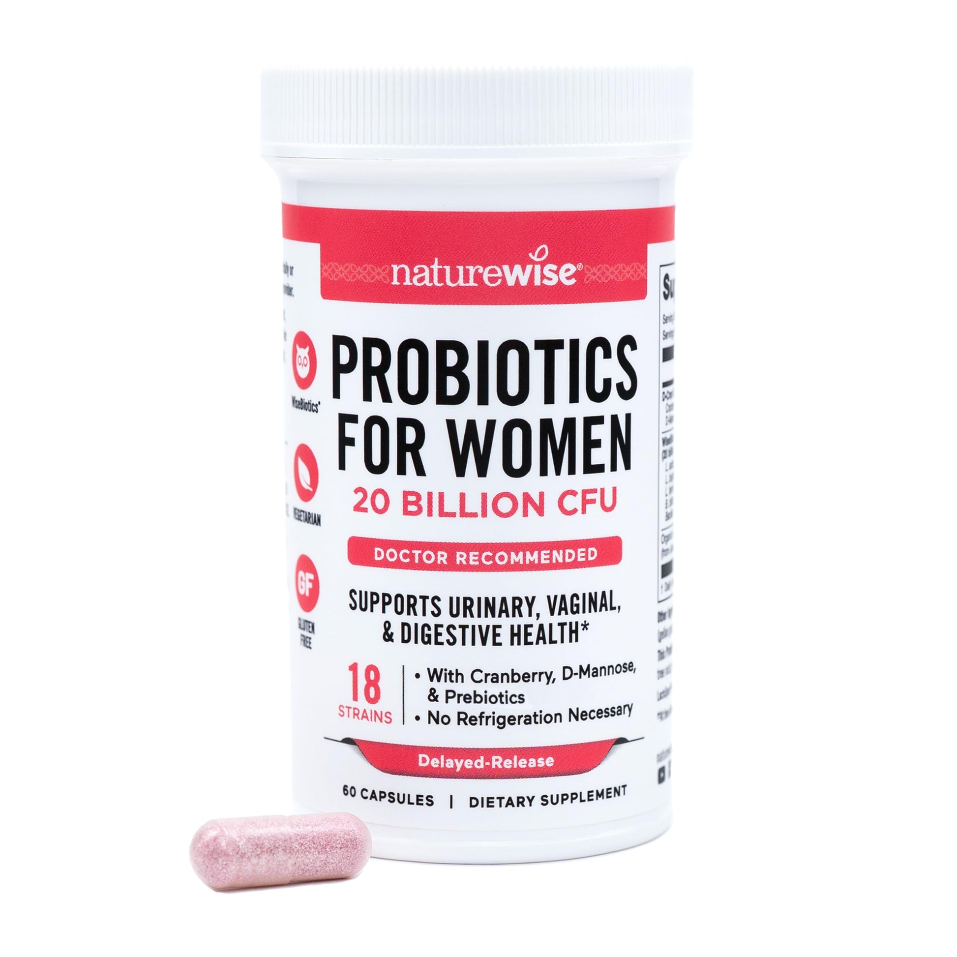 NatureWise Probiotics for Women + Organic Prebiotics D-Mannose & Cranberry - Vaginal Probiotics for pH Balance, Digestive & Urinary Tract - 18 Strains, 20 Billion CFU, 60 Capsules