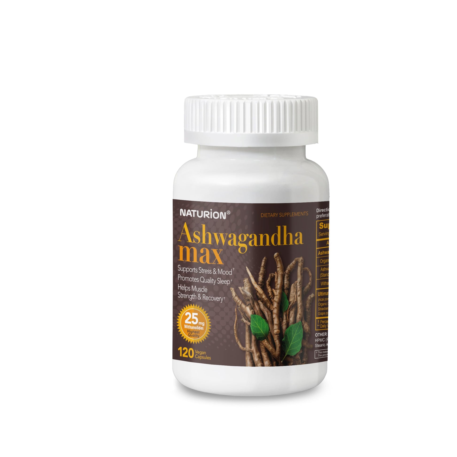 NATURION Ashwagandha Max Organic Ashwagandha Powder & Root Extract with Ultimate Berry Blend Capsules 120