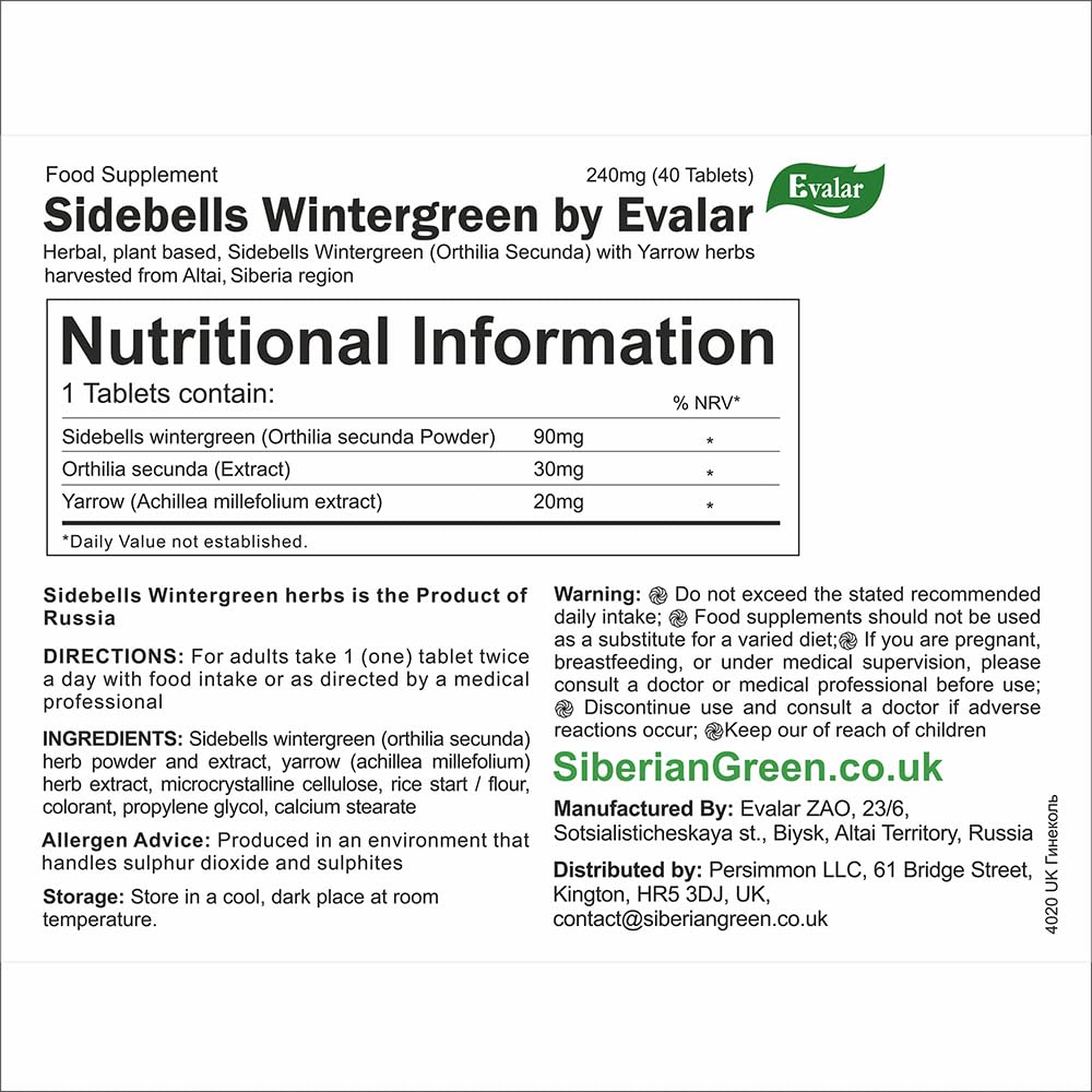Evalar Orthilia Secunda Sidebells Wintergreen Yarrow Herb Tablets 40