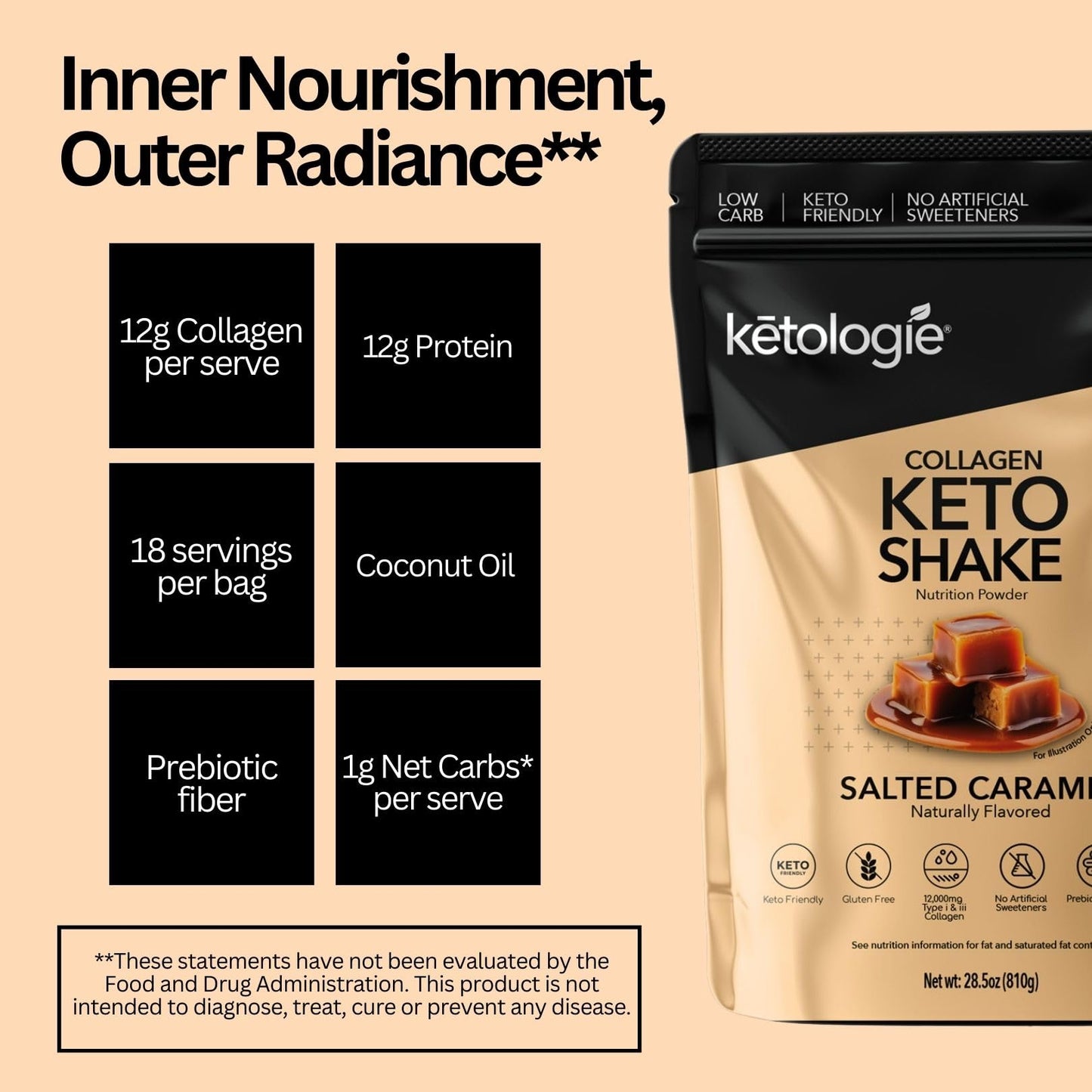 Ketologie Keto Collagen Shake Powder Salted Caramel 28.5