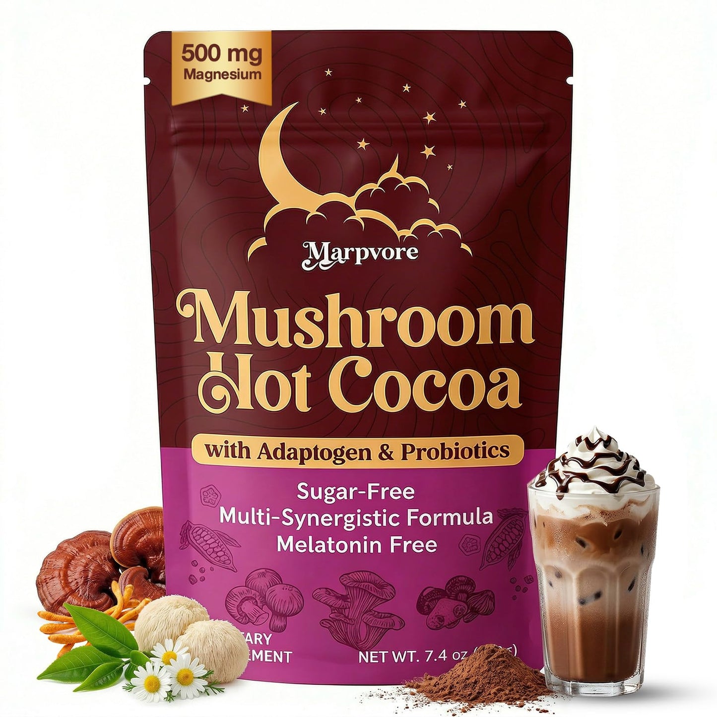 Marpvore Mushroom Hot Cocoa Powder with Magnesium Glycinate, L-Theanine, Probiotics, Ashwagandha, Reishi, Organic Cacao Powder Hot Chocolate Supplement for Sleep, Relaxation, Digestion, No Melatonin, Vegan, 7.4075 oz