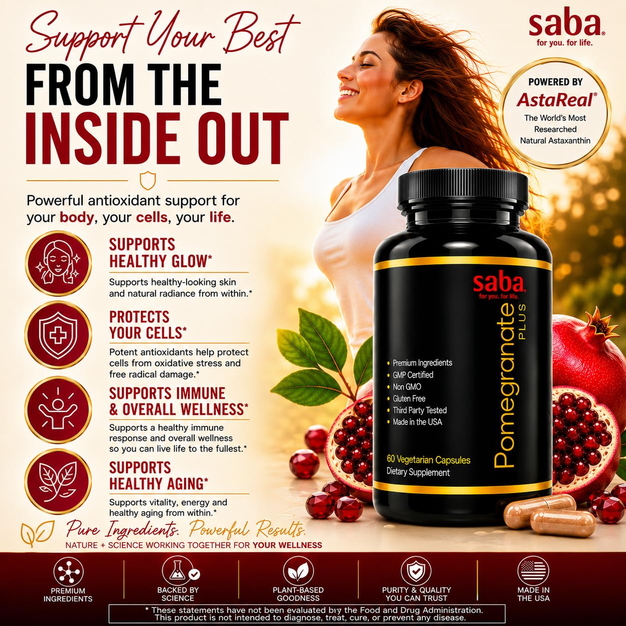 Saba Pomegranate Plus Astaxanthin Supplement with AstaReal & Pomegranate Extract 60 Capsules