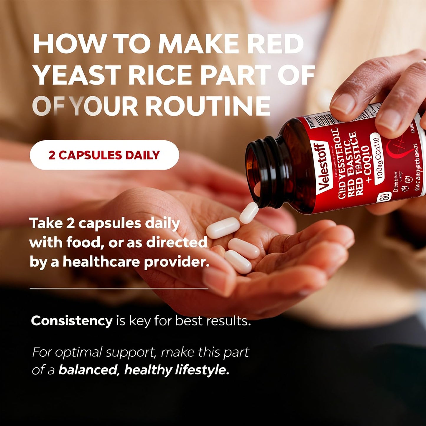Velestoff Red Yeast Rice & CoQ10 Heart & Cholesterol Support Capsules, Citrinin-Free, Third-Party Tested, Vegan, USA-Formulated, 1 Capsule