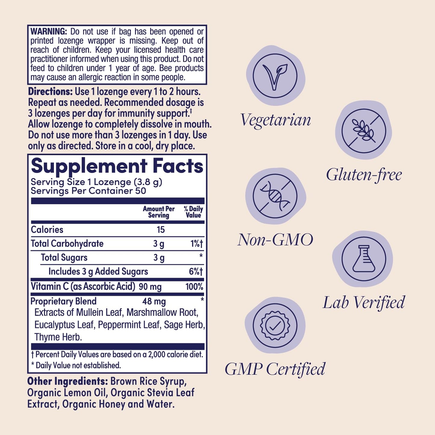 ZAND Immunity Lemon Honey Throat Lozenges with Vitamin C, Organic Honey, 50 Lozenges