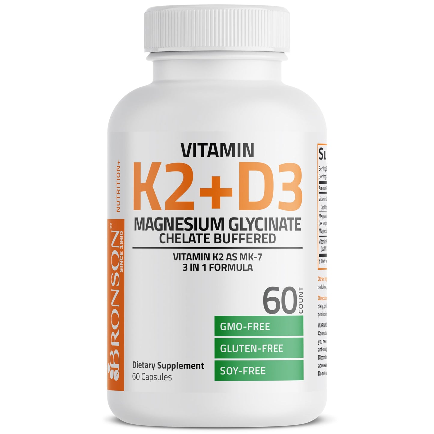 Bronson Vitamin K2+D3 Magnesium Glycinate Supplement 3-in-1 Formula Capsule, 60 Count