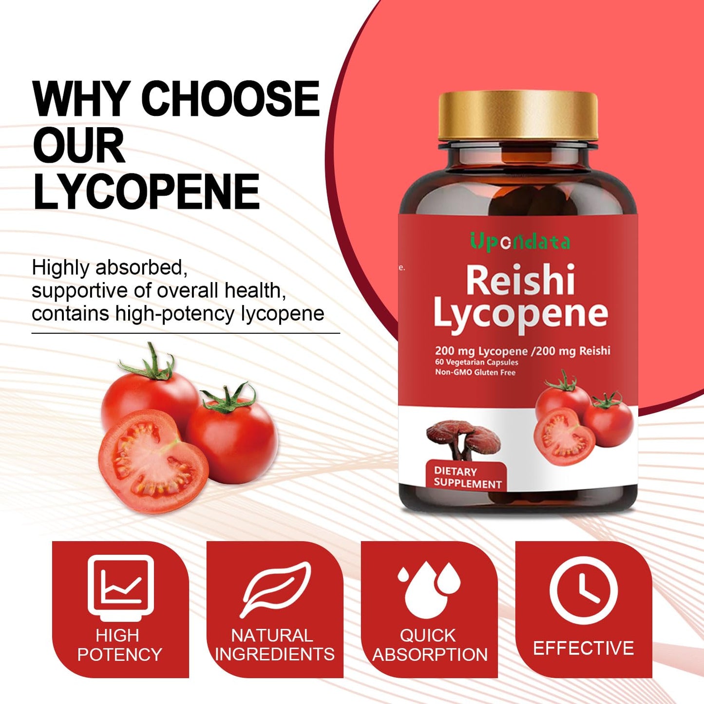 Upondata Lycopene Capsules 200mg with Organic Reishi Mushroom 200mg for Prostate Health and Immune Support, 60 Capsules