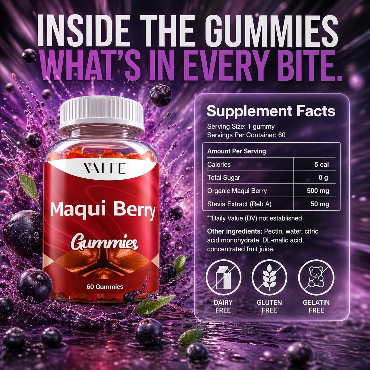 VAITE Maqui Berry Gummies 500mg, 60 Gummies