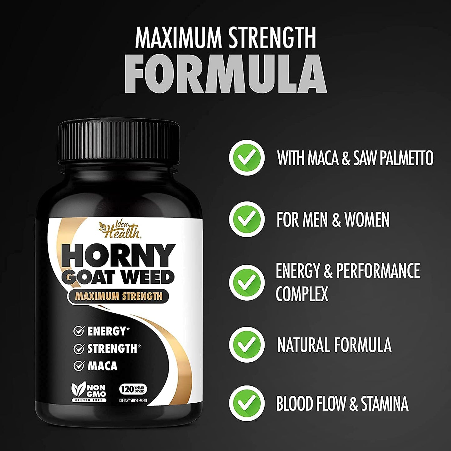 Idea Health Horny Goat Weed 1275 mg MAX Strength with Maca Energy & Performance Complex for Men and Women Capsules 120 Count