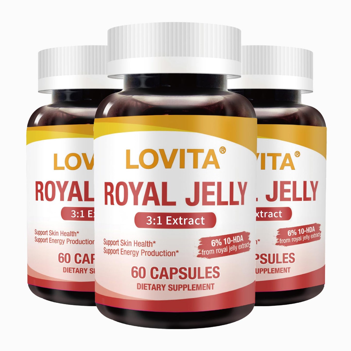 LOVITA Royal Jelly 333 mg, 3:1 Concentrate, 20 mg 10-HDA, Natural Source Super Food, Supports Skin Health & Energy Production, 180 Capsules