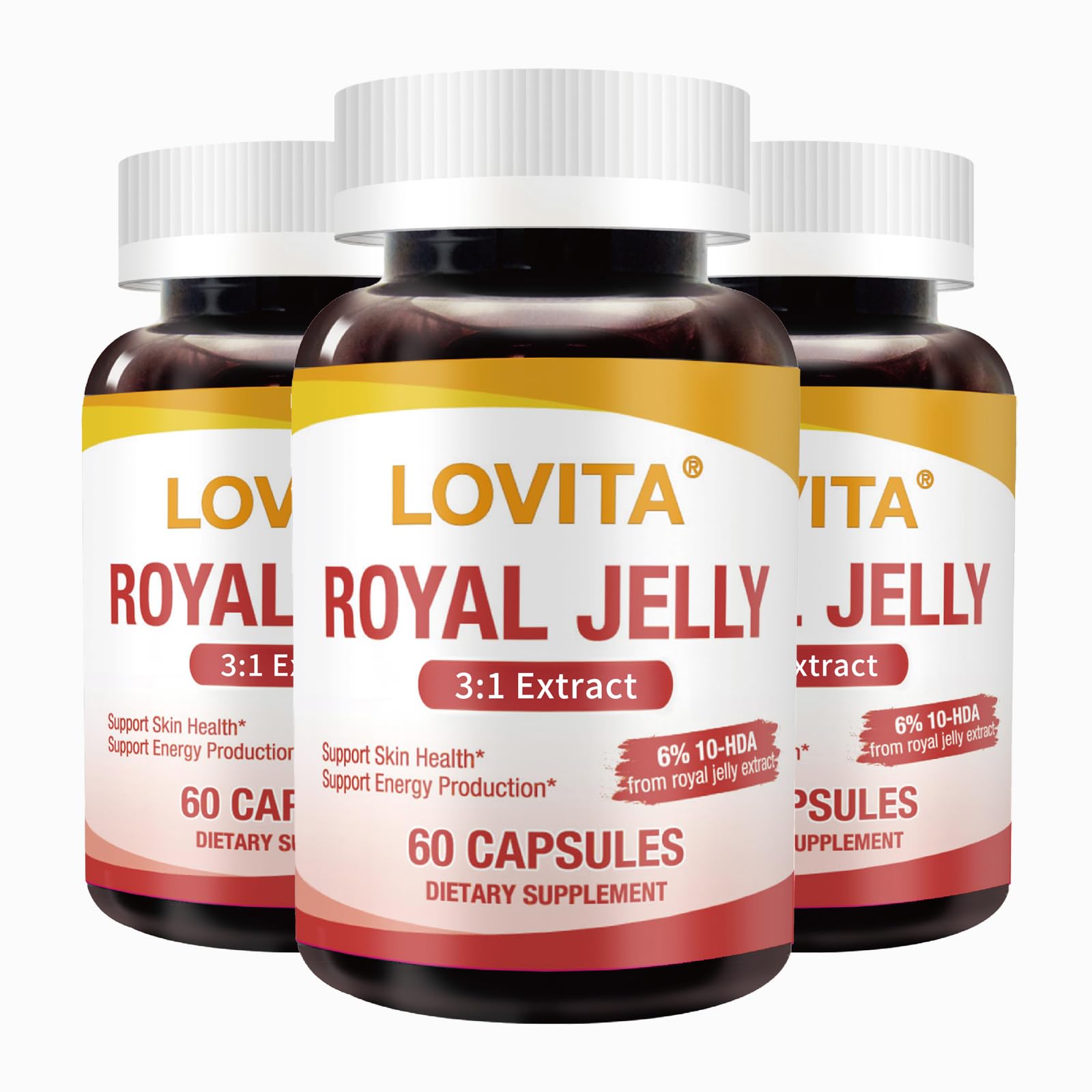LOVITA Royal Jelly 333 mg, 3:1 Concentrate, 20 mg 10-HDA, Natural Source Super Food, Supports Skin Health & Energy Production, 180 Capsules
