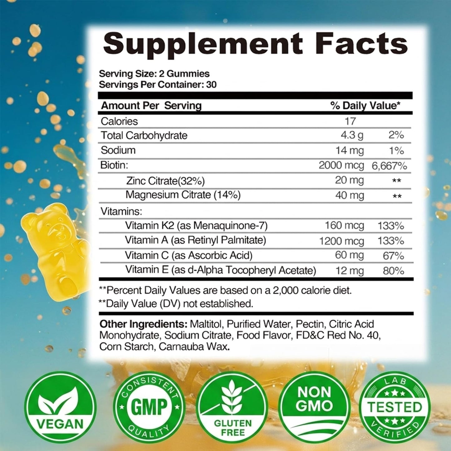 Dyeazirn Hair Growth Gummies, Biotin Vitamins for Women & Men, Hair Skin and Nails Gummies, Biotin Supplement for Stronger Hair, Vegan, 60 Count