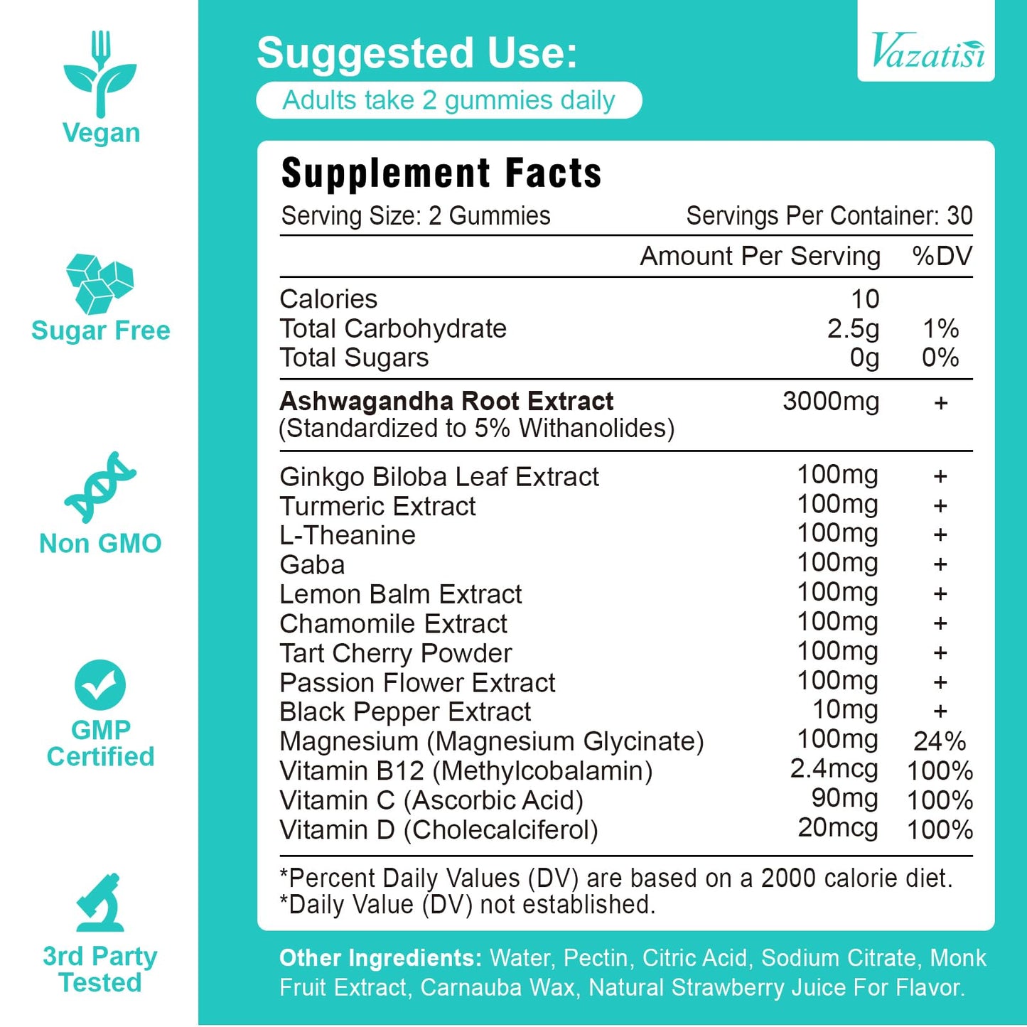 Vazatisi Ashwagandha Gummies with Turmeric GABA Mood Energy and Immune Support, 120 Gummies