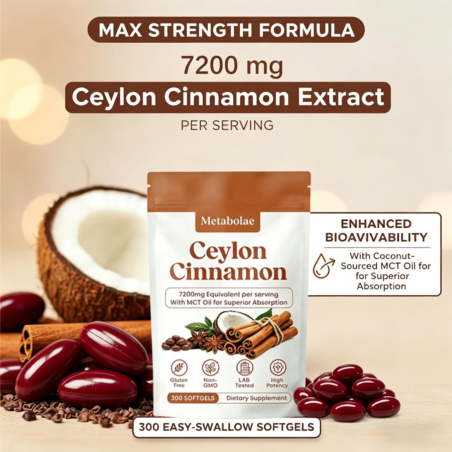 Menjint Metabolae Ceylon Cinnamon Extract Softgels, 300 Count