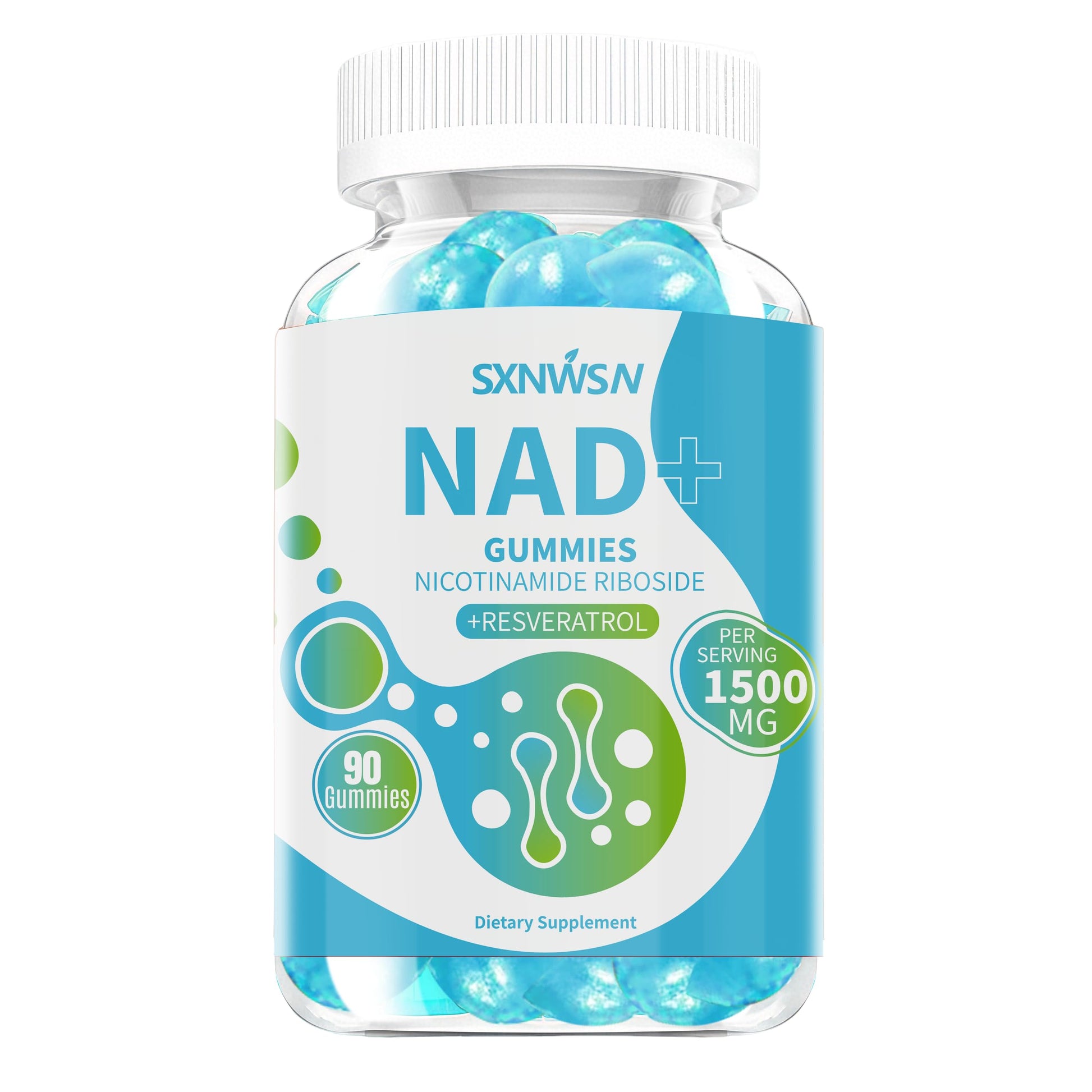 SXNWSN NAD+ Gummies with Nicotinamide Riboside, Trans-Resveratrol & Quercetin - Anti-Aging Energy Support & Cellular Health, Sugar-Free Blueberry Flavor 90 ct