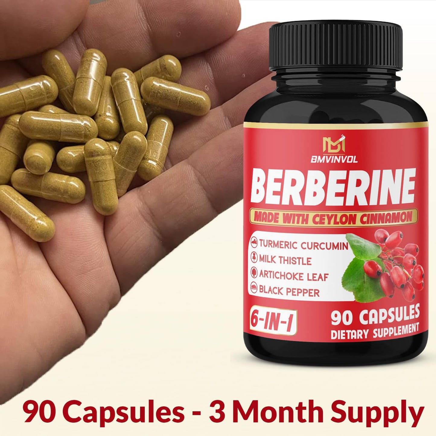 BMVINVOL Berberine, Ceylon Cinnamon, Turmeric, Milk Thistle, Artichoke, Black Pepper Capsules 90