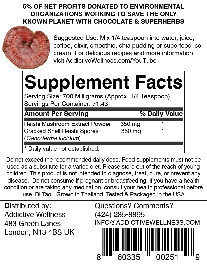 Addictive Wellness Reishi Mushroom Extract Powder + Spores (50/50 Blend) Wood Grown Pure & Potent Wildcrafted Ganoderma, 1.76 oz