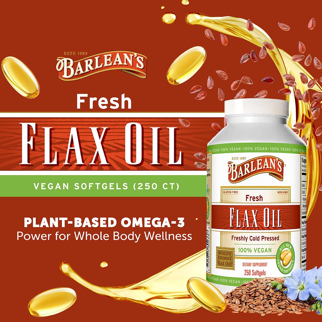 Barlean's Vegan Cold-Pressed Flaxseed Oil Supplements Softgels, 1650 mg ALA Fatty Acids, 250 Count