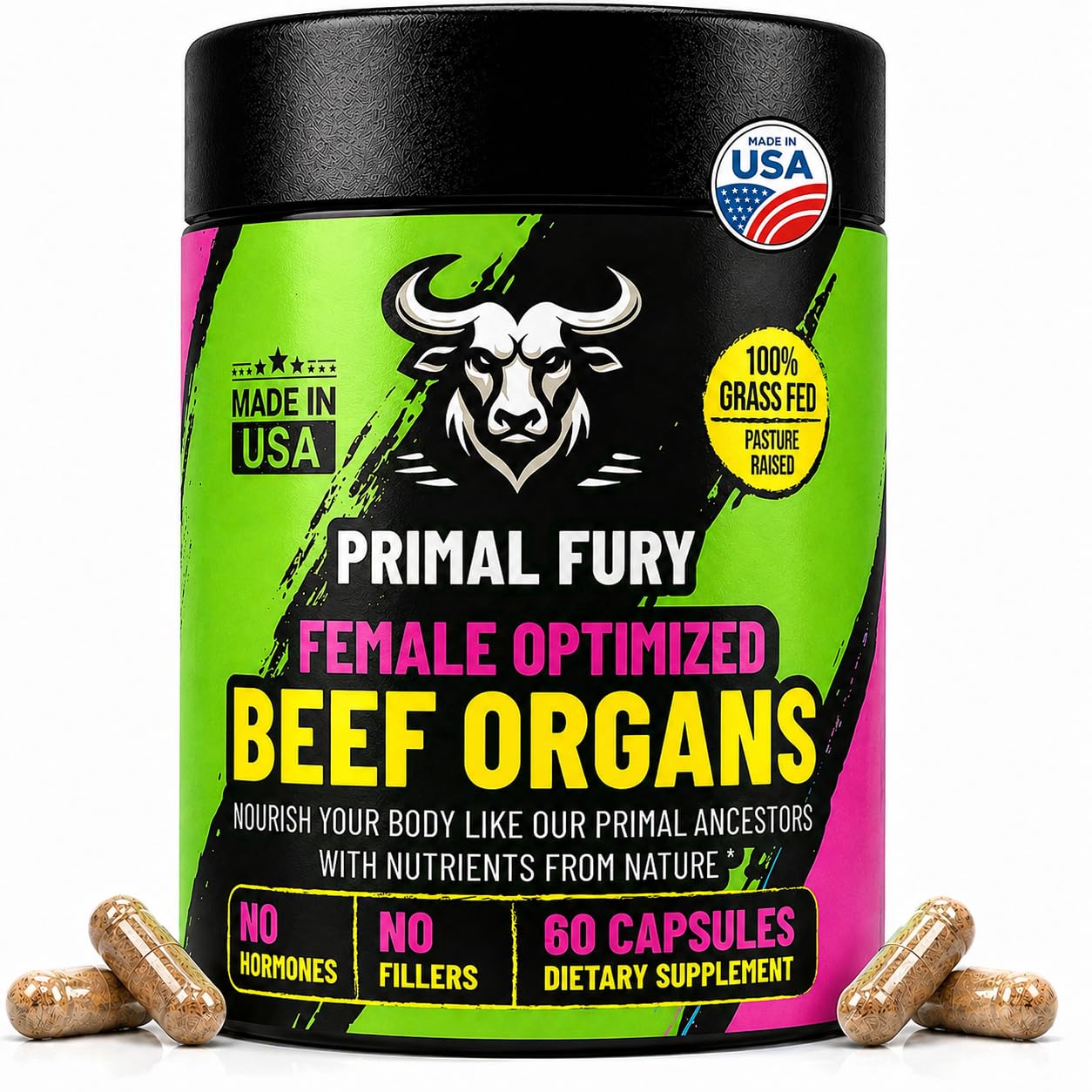 PRIMAL FURY Grass Fed Beef Organ Supplement for Women 60 Capsules