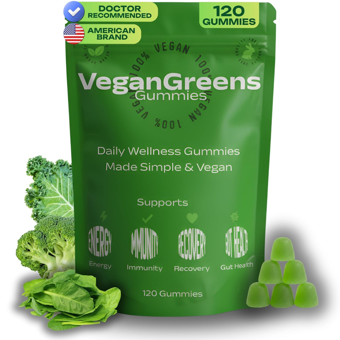 VeganGreens Vegan Sugar-Free Super Greens Gummies with Probiotics – Plant-Based Multivitamin Support for Gut Health, Immunity & Energy, Green Apple Flavor, 120 Gummies
