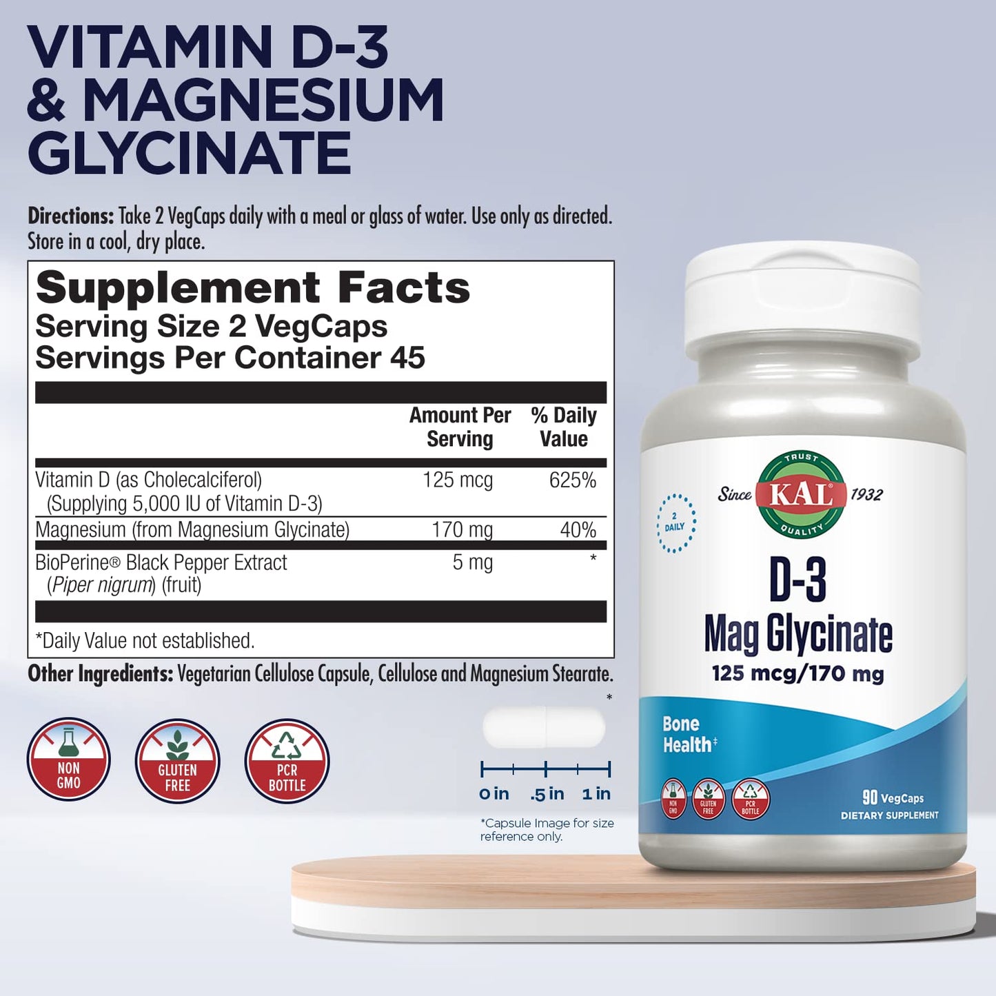 KAL Vitamin D3 & Magnesium Glycinate Enhanced Absorption Formula with BioPerine, Muscle & Bone Health Support, Immune Support, Non-GMO Gluten Free, 90 Capsules