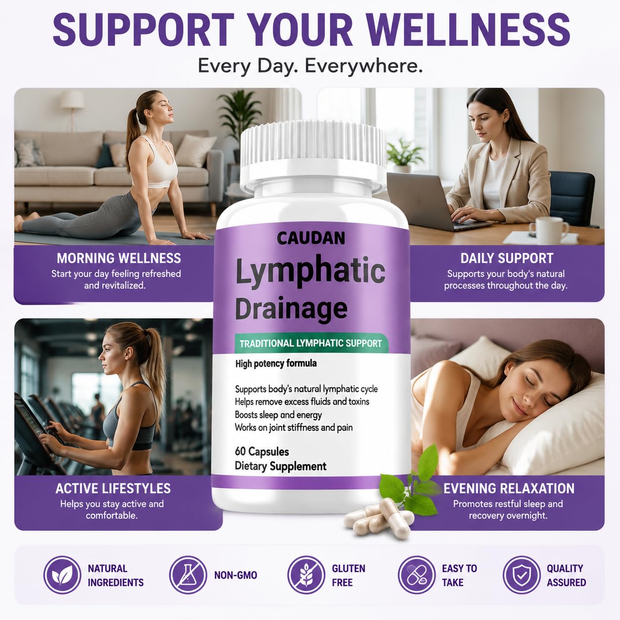 CAUDAN Lymphatic Drainage Supplement Capsules, 60 Count