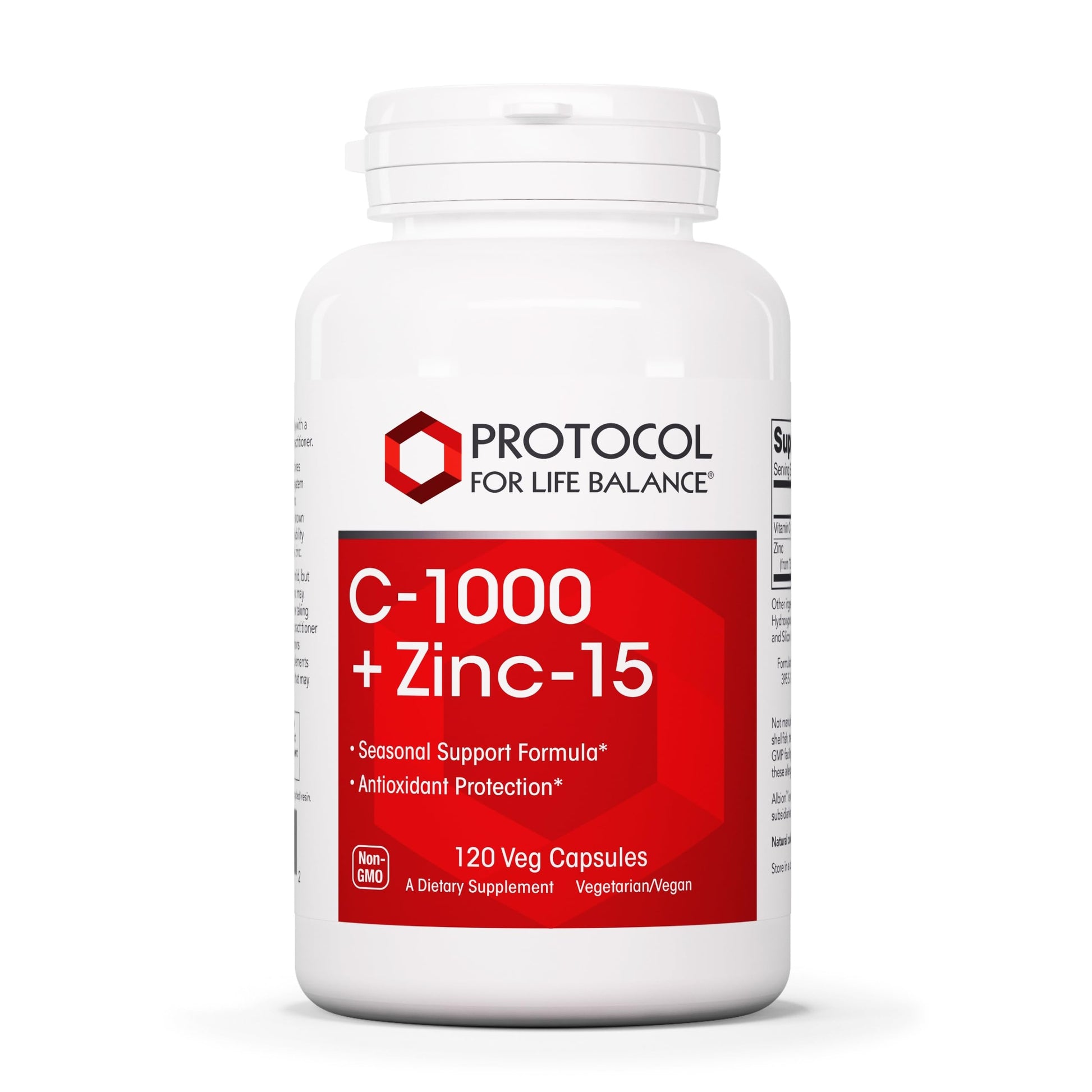 Protocol for Life Balance C-1000 + Zinc-15 Vitamin C & Zinc Bisglycinate Immune Support Supplement with Ascorbic Acid, 120 Veg Capsules
