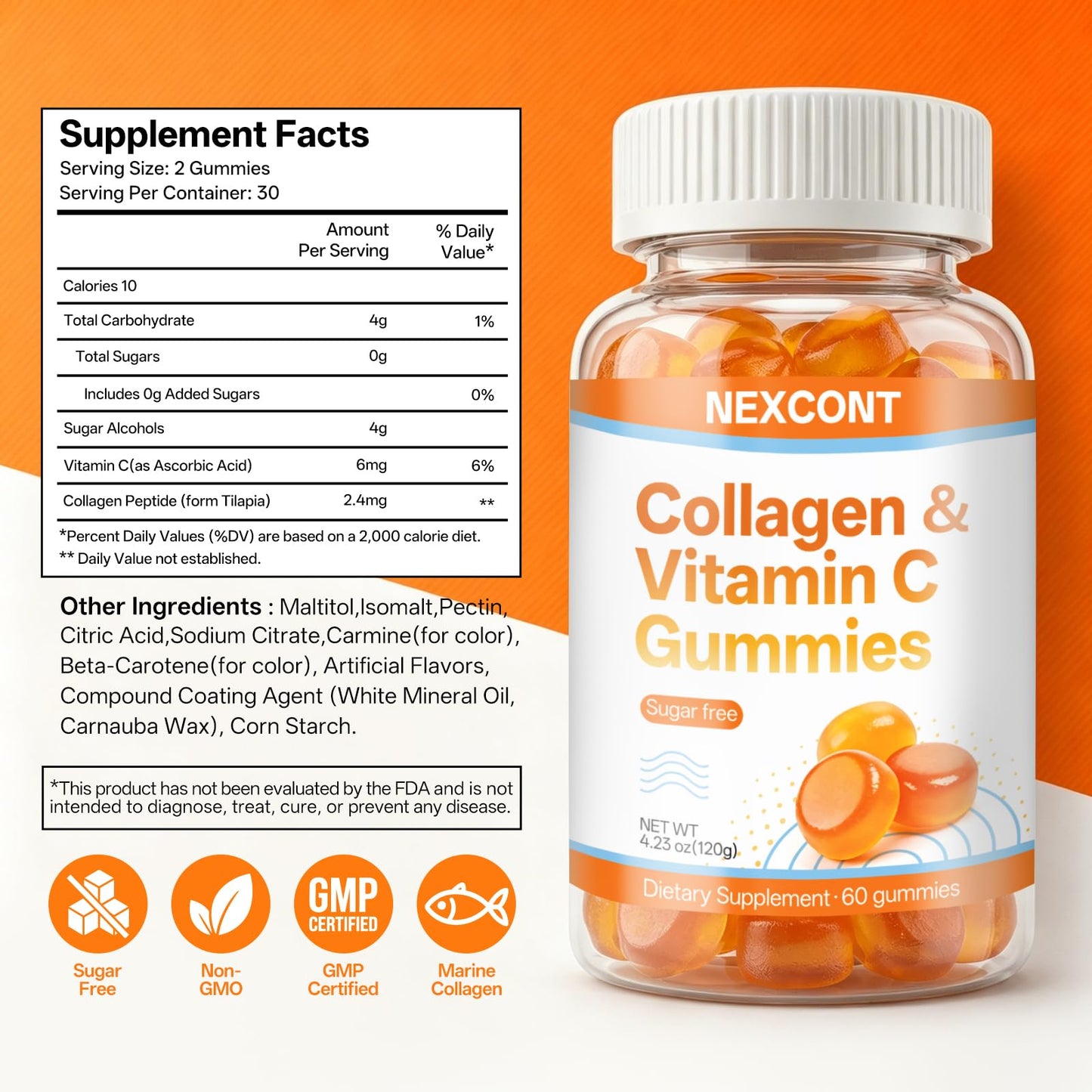 Oopeatol Collagen Gummies with Vitamin C & Type I Marine Peptides, 60 Count