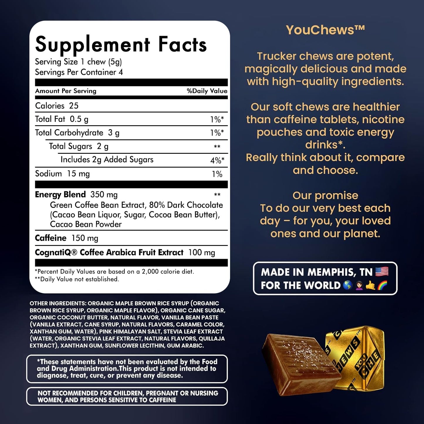 YouChews Trucker Chews Energy Bites 150mg Caffeine Chews, 4 Count