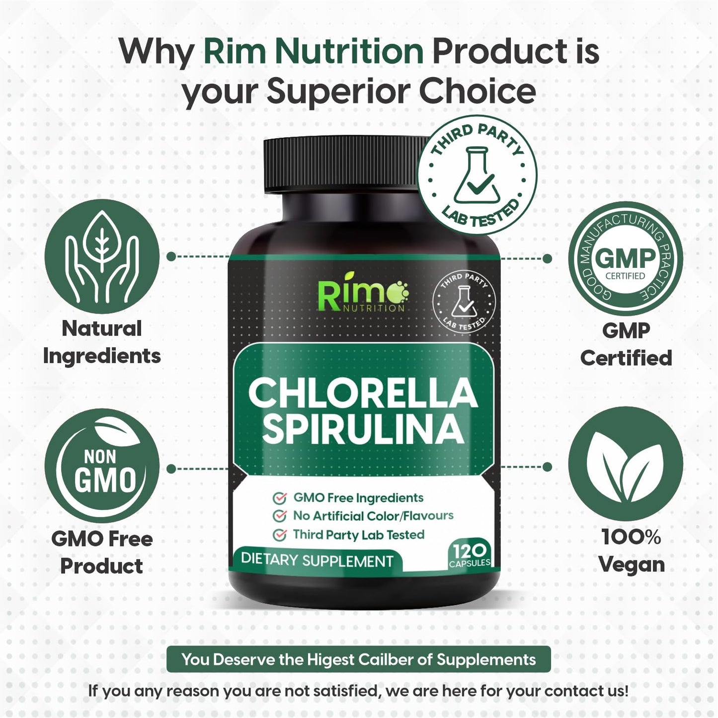 Rimo Nutrition Spirulina & Chlorella Capsules, 1000 mg per Serving, 120 Capsules
