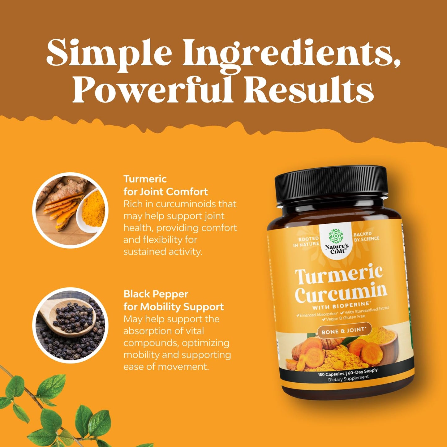 Natures Craft Turmeric Curcumin with Black Pepper Extract Capsules, 180 Count